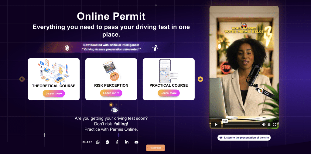 Homepage of Permis Online featuring sections for theoretical course, risk perception, and practical course with a focus on using artificial intelligence for training.