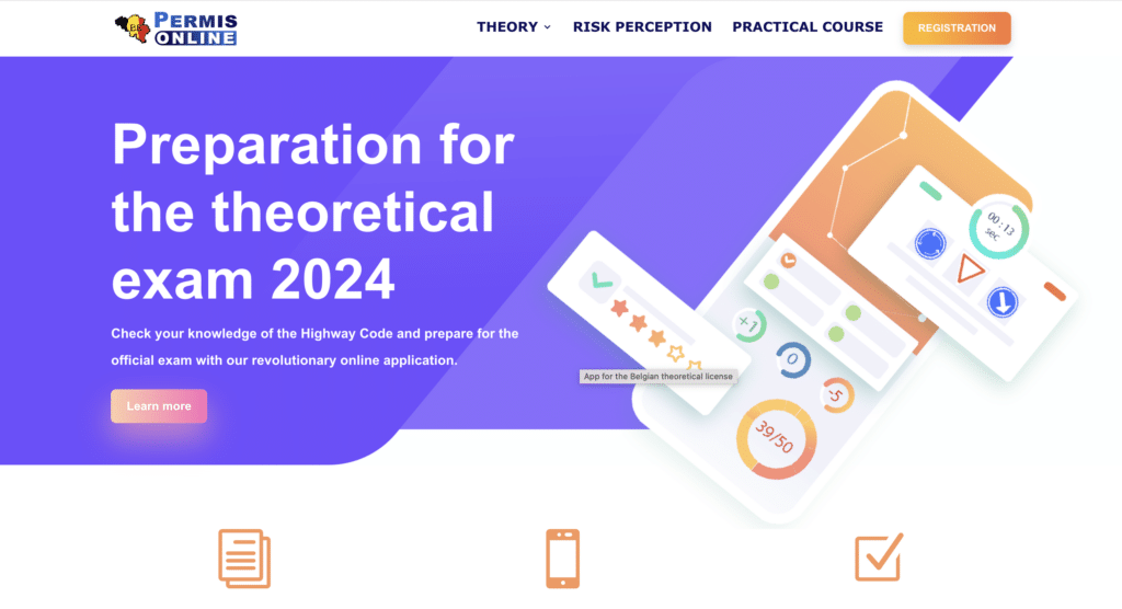 Permis Online advertises preparation for the theoretical exam in 2024 with interactive online application.