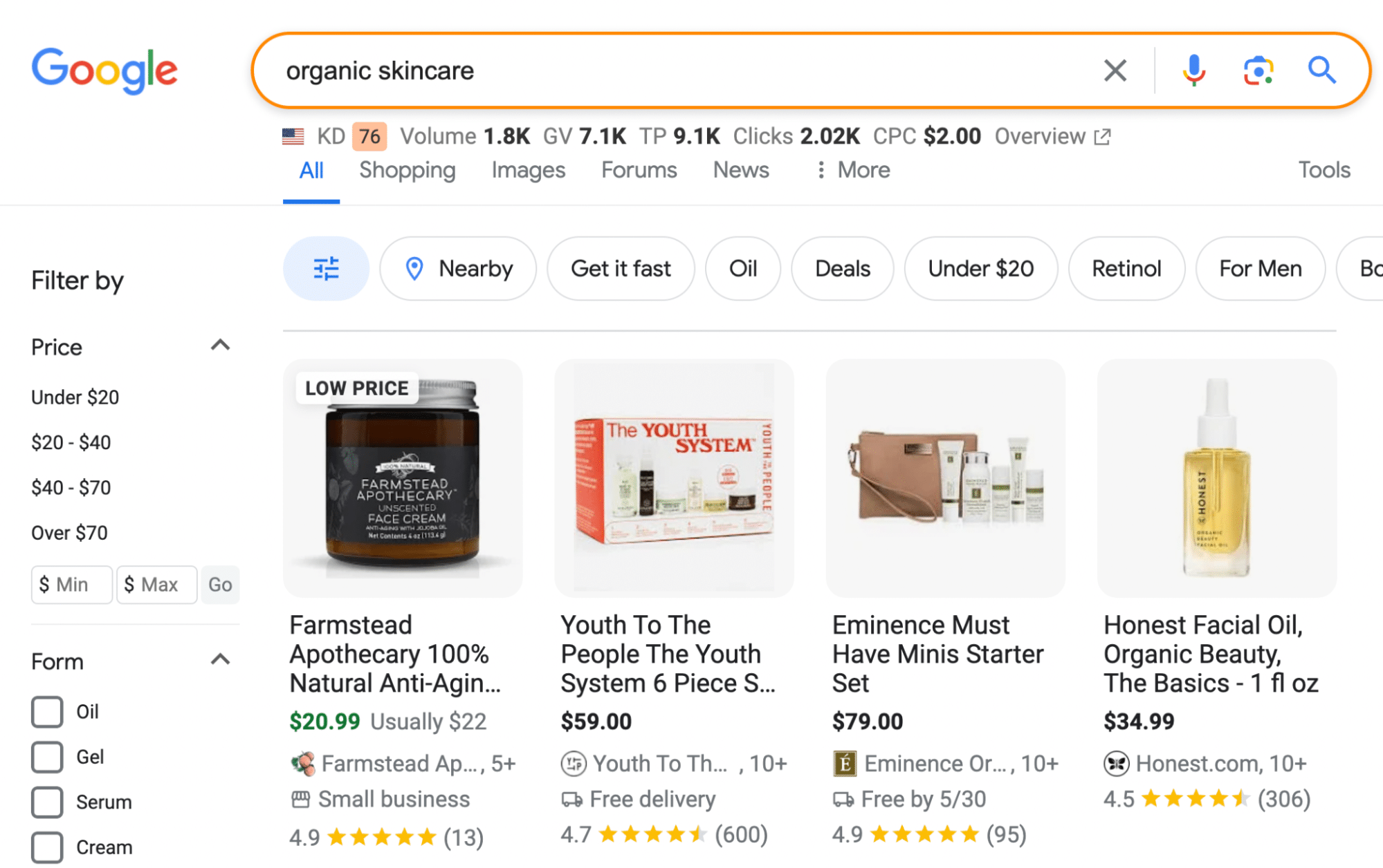 Google SERP for Organic Skincare