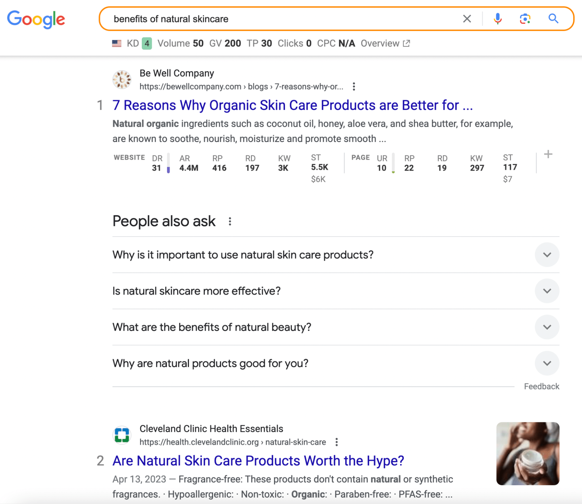 Google SERP for Benefits of Natural Skincare