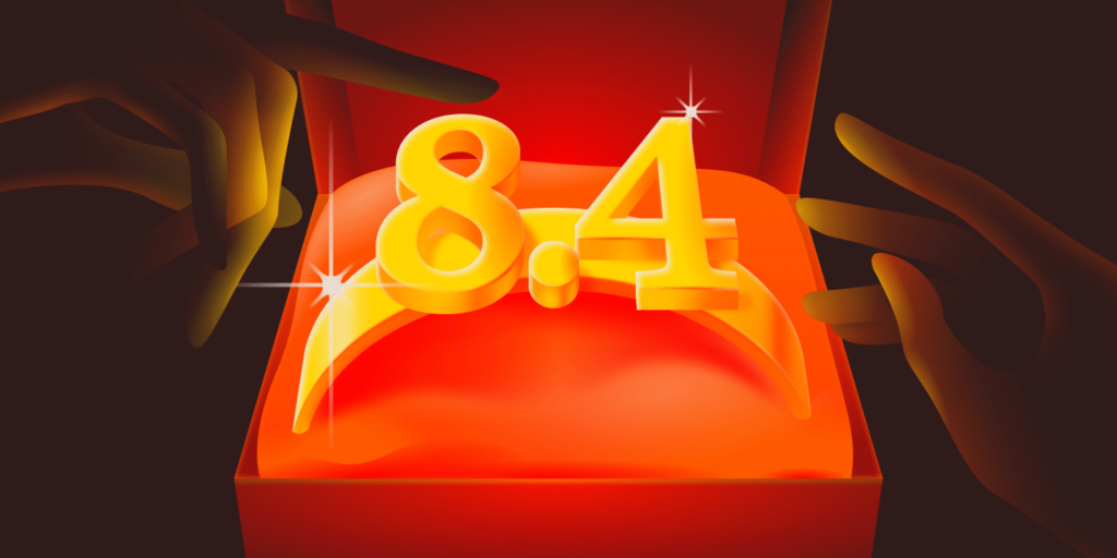 An illustration representing the latest PHP release with the number 8.4 in glowing gold