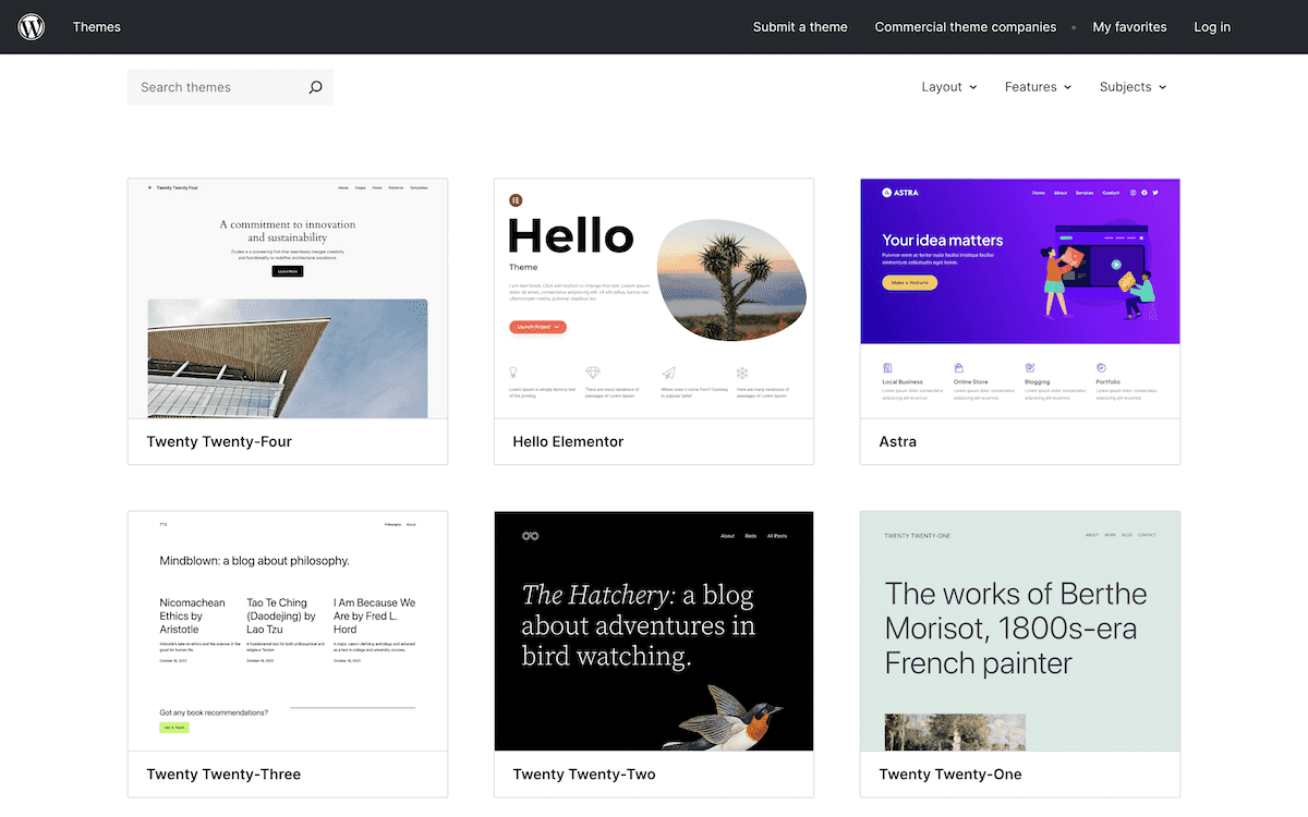 The main page of the WordPress Theme Directory. It shows a grid of theme previews, including Twenty Twenty-Four, Elementor's Hello Theme, and Astra. Each theme preview displays a thumbnail image of the theme's design and its name. The page header includes options to submit a theme, view commercial theme companies, and log in.