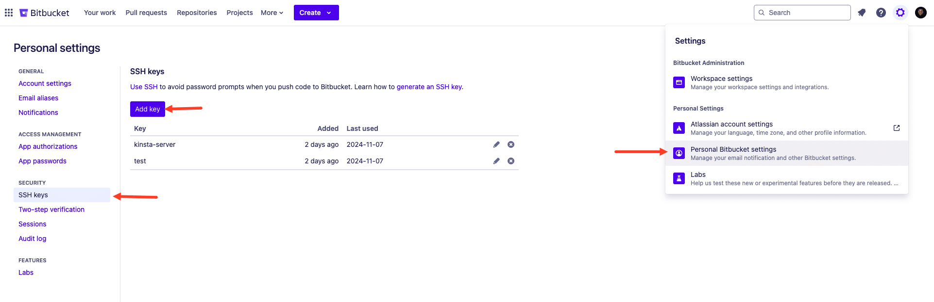 Aggiungere la chiave SSH a Bitbucket