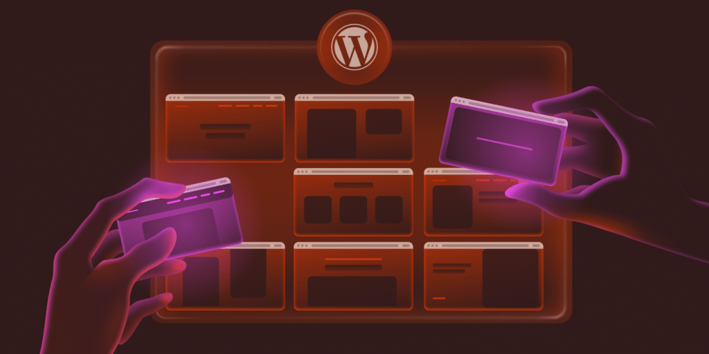 An illustration showing hands stacking building blocks that represent components of a WordPress multisite network.