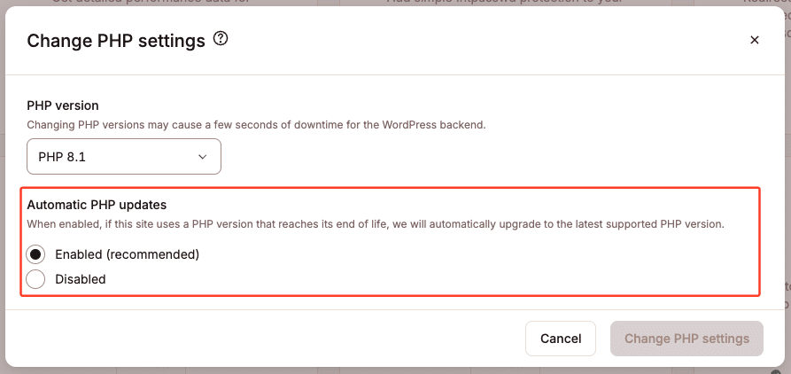 Option to enable or disable automatic PHP updates