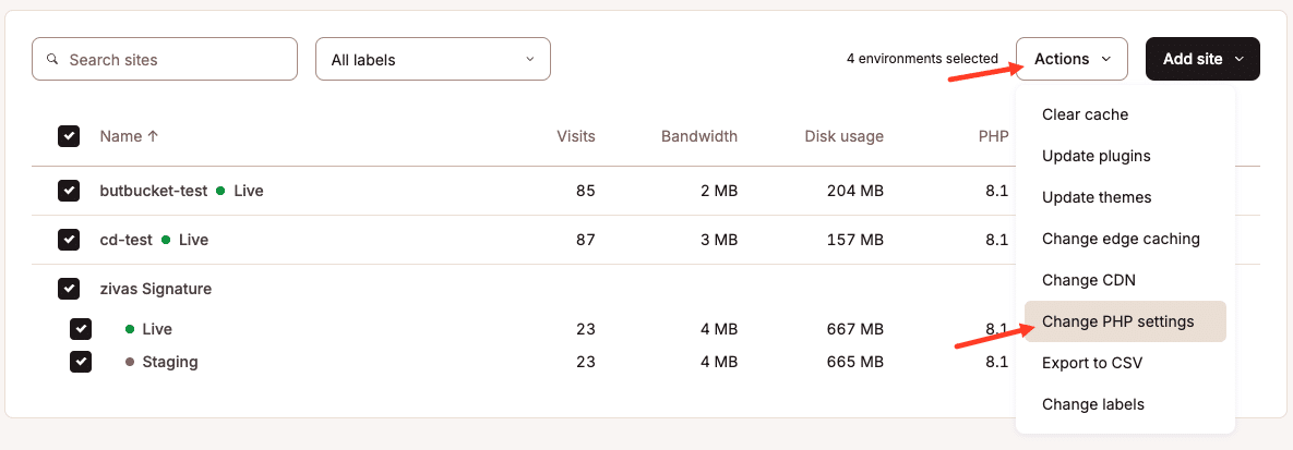 Bulk actions for changing PHP settings across multiple sites