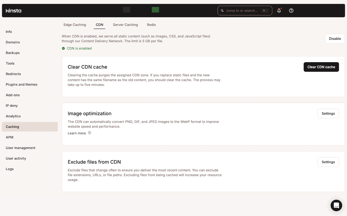 The Kinsta CDN configuration page within the MyKinsta dashboard showing three main sections: CDN status, cache management with a Clear CDN cache button, and image optimization settings that can convert images to WebP format. The interface also includes options to exclude specific files from CDN caching.