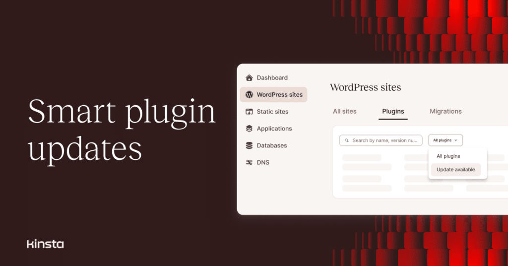 An illustration representing the interface for updating plugins within MyKinsta and the words: Smart plugin updates.