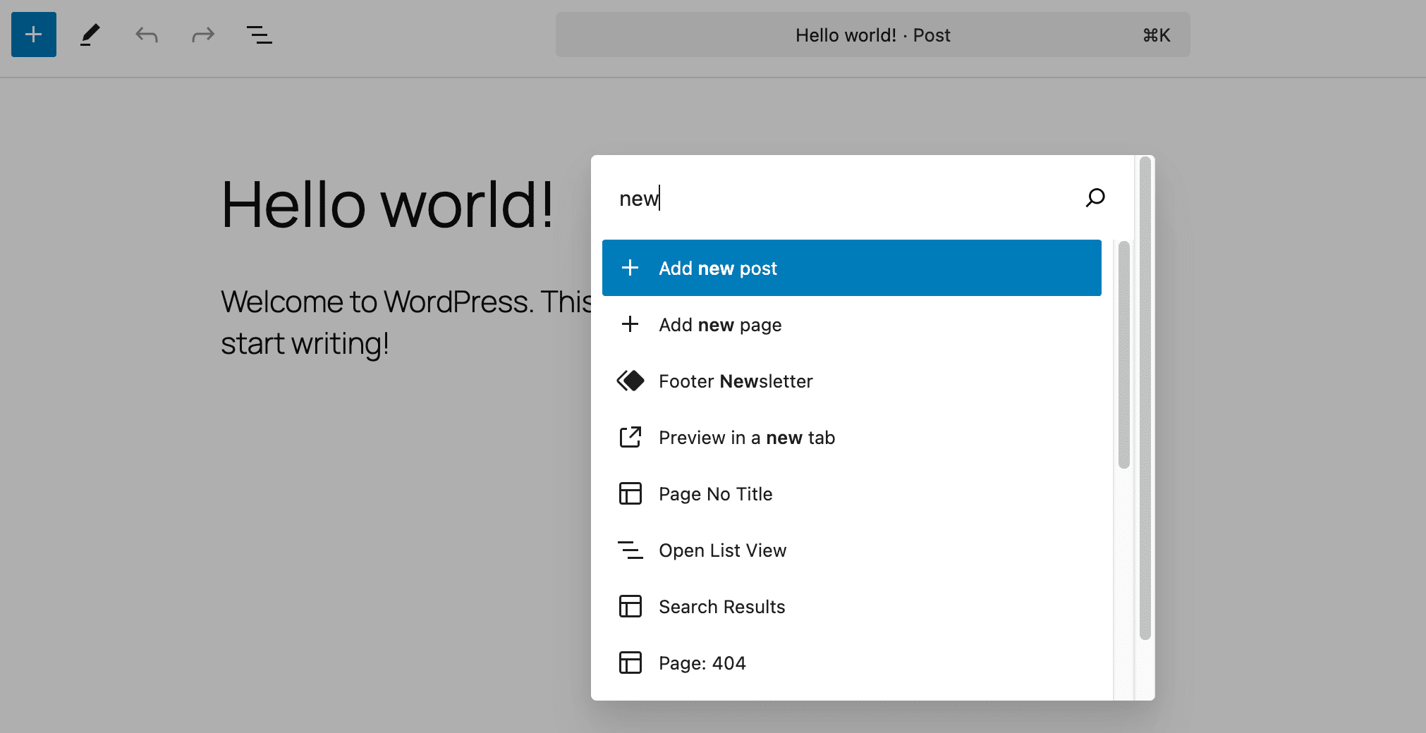 Les raccourcis pour ajouter de nouveaux articles ou de nouvelles pages sont fréquemment utilisés dans la palette de commandes.