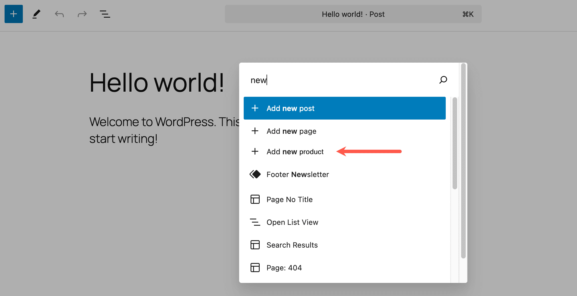 Een screenshot van het WordPress opdrachtenpalet waarop te zien is dat Nieuw product toevoegen is toegevoegd.