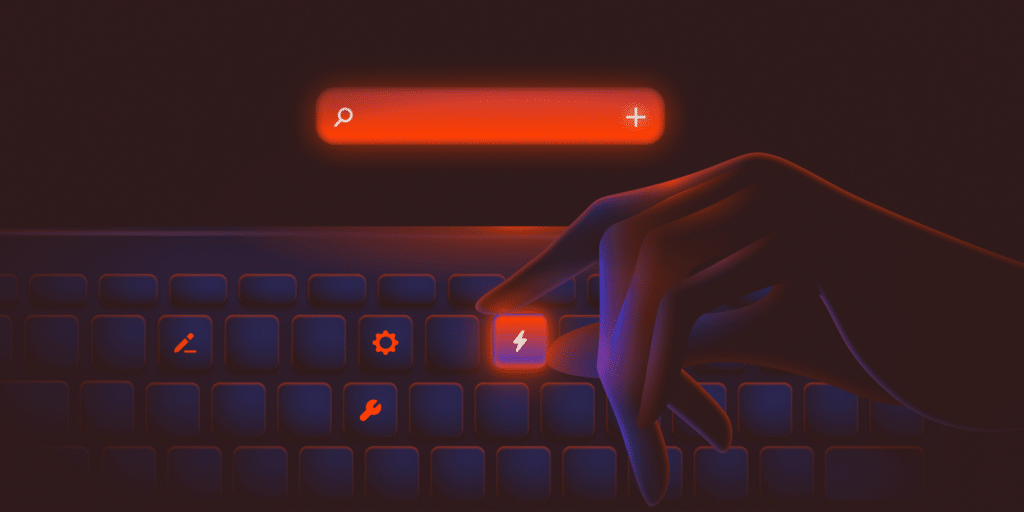 An illustration representing the WordPress Command Palette's search-input field behind a hand manipulating a computer keyboard.