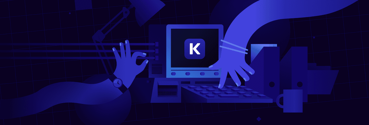 Het logo van de DevKinsta homepage toont een donkerblauwe monochrome illustratie met handen die naar een computermonitor reiken waarop de letter “K” staat. De scène is afgebeeld in een minimalistische stijl met vloeiende rondingen en geometrische vormen.