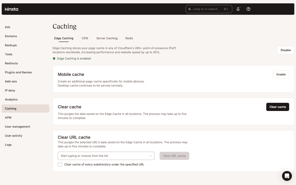 The Caching configuration page of the MyKinsta dashboard showing Edge Caching settings. This is enabled with options for mobile cache creation and cache clearing functions. The interface includes buttons to disable caching and clear specific URL caches, with a note that clearing can take up to five minutes.