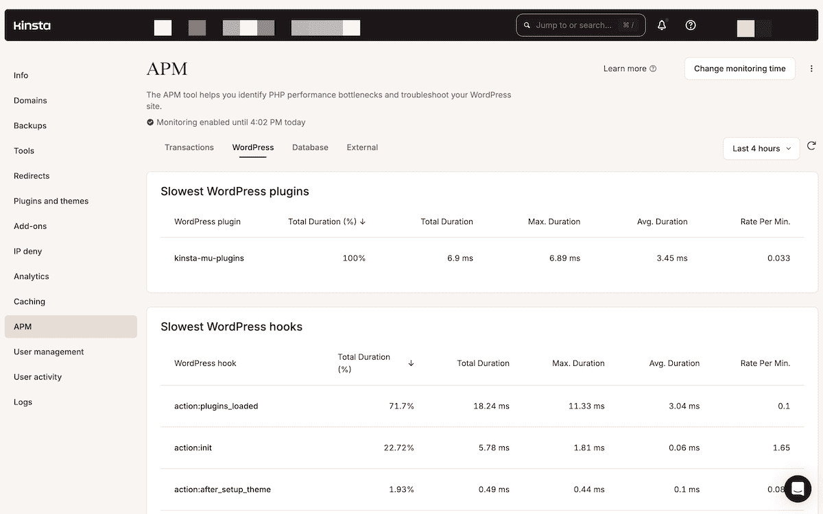 De interface van de Kinsta APM Tool toont de prestatiemonitoring van WordPress voor een bepaalde periode. Het dashboard toont de traagste WordPress plugins en traagste WordPress hooks tabellen.