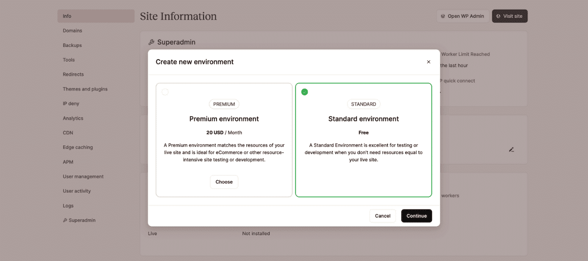 The MyKinsta window to create a new environment. It presents two environment options: a Premium environment for resource-intensive sites, and a Standard environment for testing and development. The interface uses a clean design with white cards, green accents, and clear pricing information. Navigation options and site management tools are visible in the background sidebar.