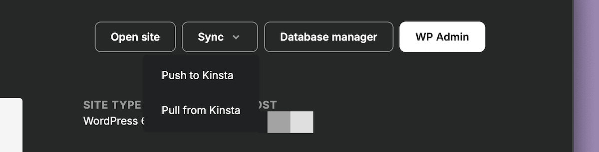 Een deel van de DevKinsta interface met vier actieknoppen: Open site, een vervolgkeuzemenu Synchroniseren met de opties Push to Kinsta en Pull from Kinsta, Databasebeheer en WP Admin.