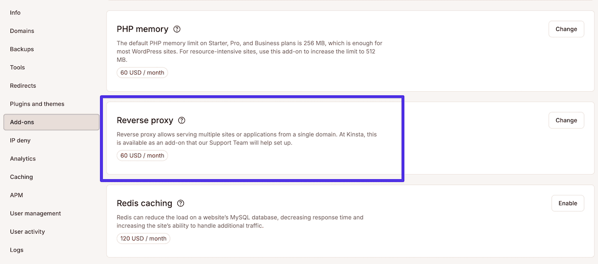 The Add-ons panel within the MyKinsta dashboard showing three available services: a PHP memory upgrade, reverse proxy service, and Redis caching. Each service includes a brief description and pricing information.