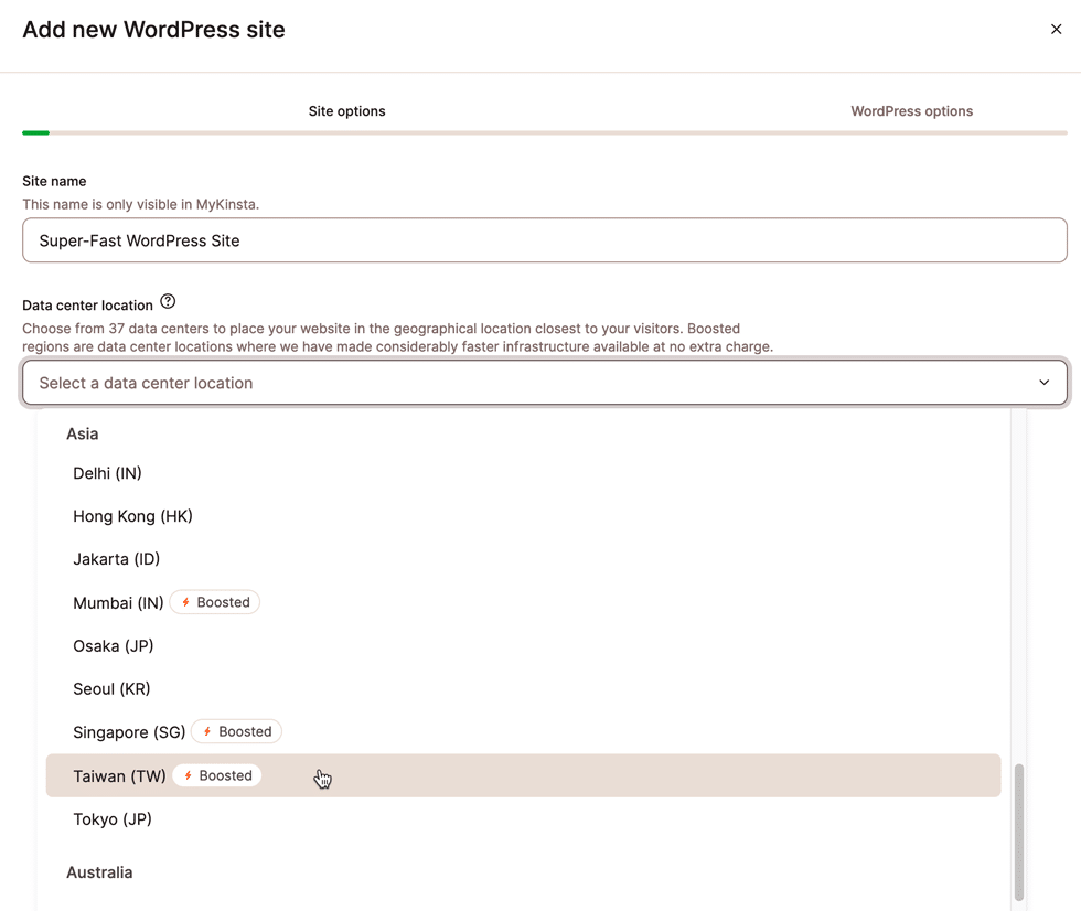 A screenshot showing the data-center selection menu in MyKinsta with some locations — including Taiwan — flagged as Boosted.