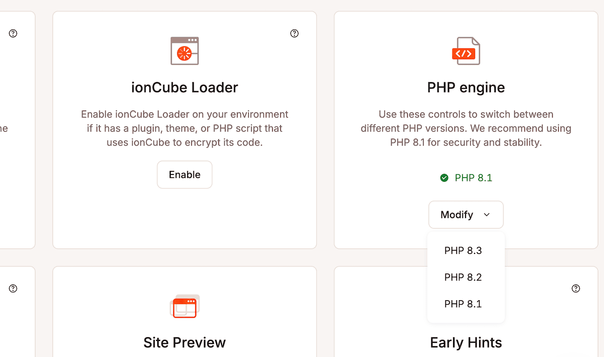 The Tools page within the MyKinsta dashboard. It displays four main sections: ionCube Loader with an Enable button for encrypting PHP code, PHP engine showing version 8.1 is active with a Modify drop-down menu listing versions 8.1-8.3, Site Preview, and Early Hints sections. Each section has its own icon and explanatory text.