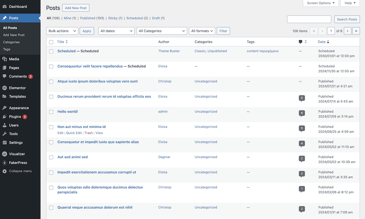 La página Entradas del panel de control de WordPress muestra una lista de 106 entradas con varias opciones de filtrado en la parte superior. Esta interfaz muestra columnas para título, autor, categorías, etiquetas y fecha. La barra lateral izquierda contiene los típicos elementos de navegación del administrador de WordPress a otras pantallas. En la lista de entradas se incluye tanto el contenido publicado como el programado.