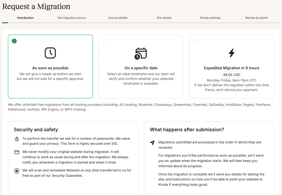 Choose timeframe when requesting migration