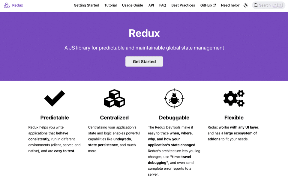 De Redux homepage, met een paarse header die het Redux logo en de titel bevat, samen met een tagline en een Get Started knop. Daaronder staan vier belangrijke features met iconen. Elke sectie bevat beschrijvende tekst die de mogelijkheden van Redux uitlegt op het gebied van applicatiebeheer, debugging tools en compatibiliteit met het ecosysteem. De bovenste navigatiebalk bevat links naar verschillende andere pagina's op de site en een zoekfunctie.