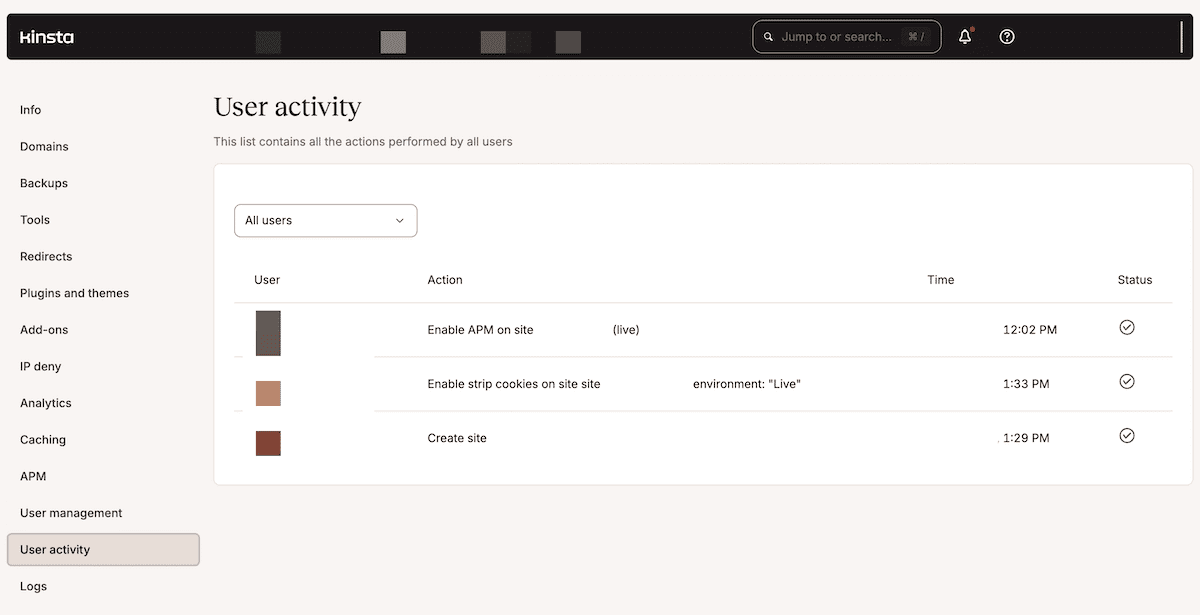 The User Activity logging interface within the MyKinsta dashboard. It shows recent actions by multiple users. The log displays three entries for enabling APM on site, enabling strip cookies, and creating a site at. Each entry includes a user identifier, action description, timestamp, and green checkmark status indicator.