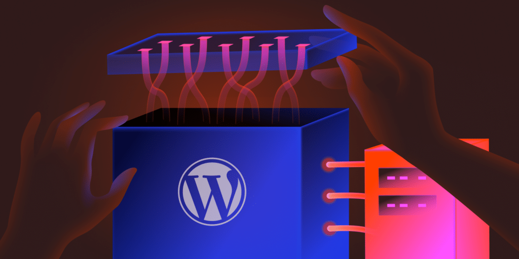 An illustration showing hands opening a box bearing the WordPress logo and representing the CMS's data package.