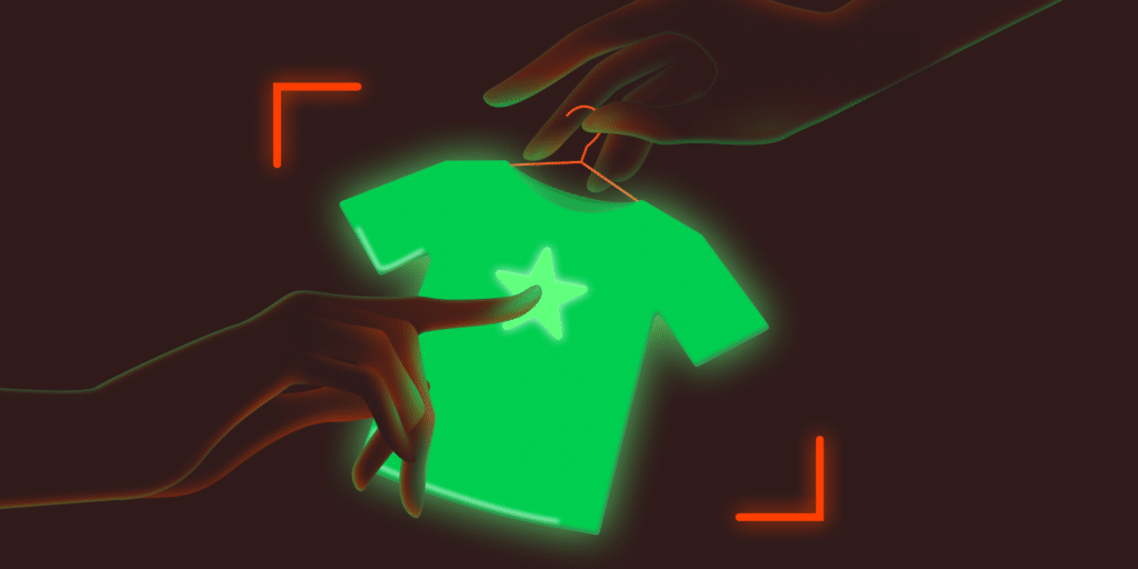 Illustration representing a WooCommerce store by showing a pair of hands holding a T-shirt on a hanger.