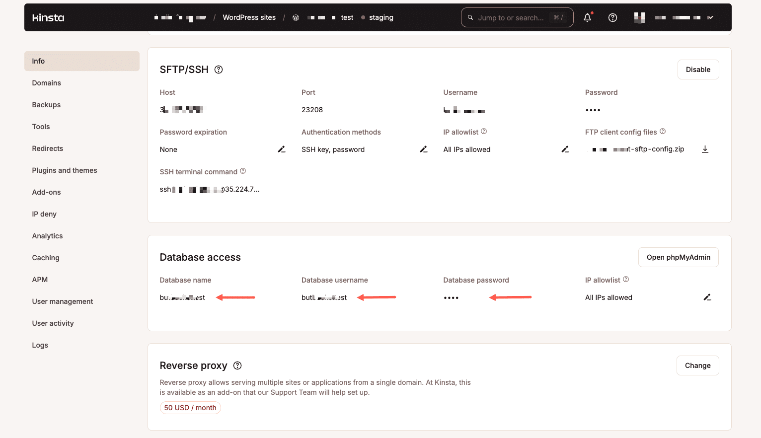 SFTP- en databasereferenties in MyKinsta