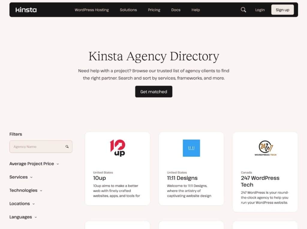 The Kinsta Agency Directory homepage