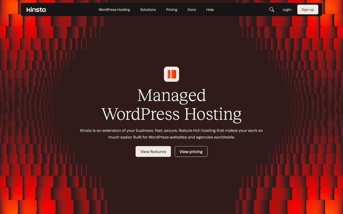 De startpagina van Kinsta toont een Managed WordPress Hosting service tegen een dramatische donkerrode en zwarte achtergrond met geometrische patronen. Er staan twee Call To Action knoppen onder met de labels Bekijk features en Bekijk prijzen.