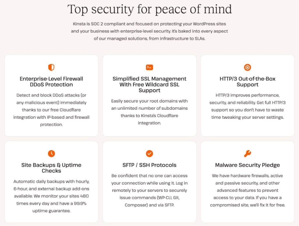 Een graphic die de verschillende security features van Kinsta laat zien