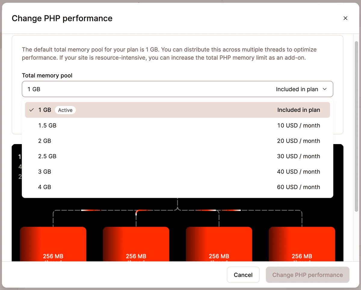 Screenshot showing a user choosing a new size for a website's PHP memory pool.