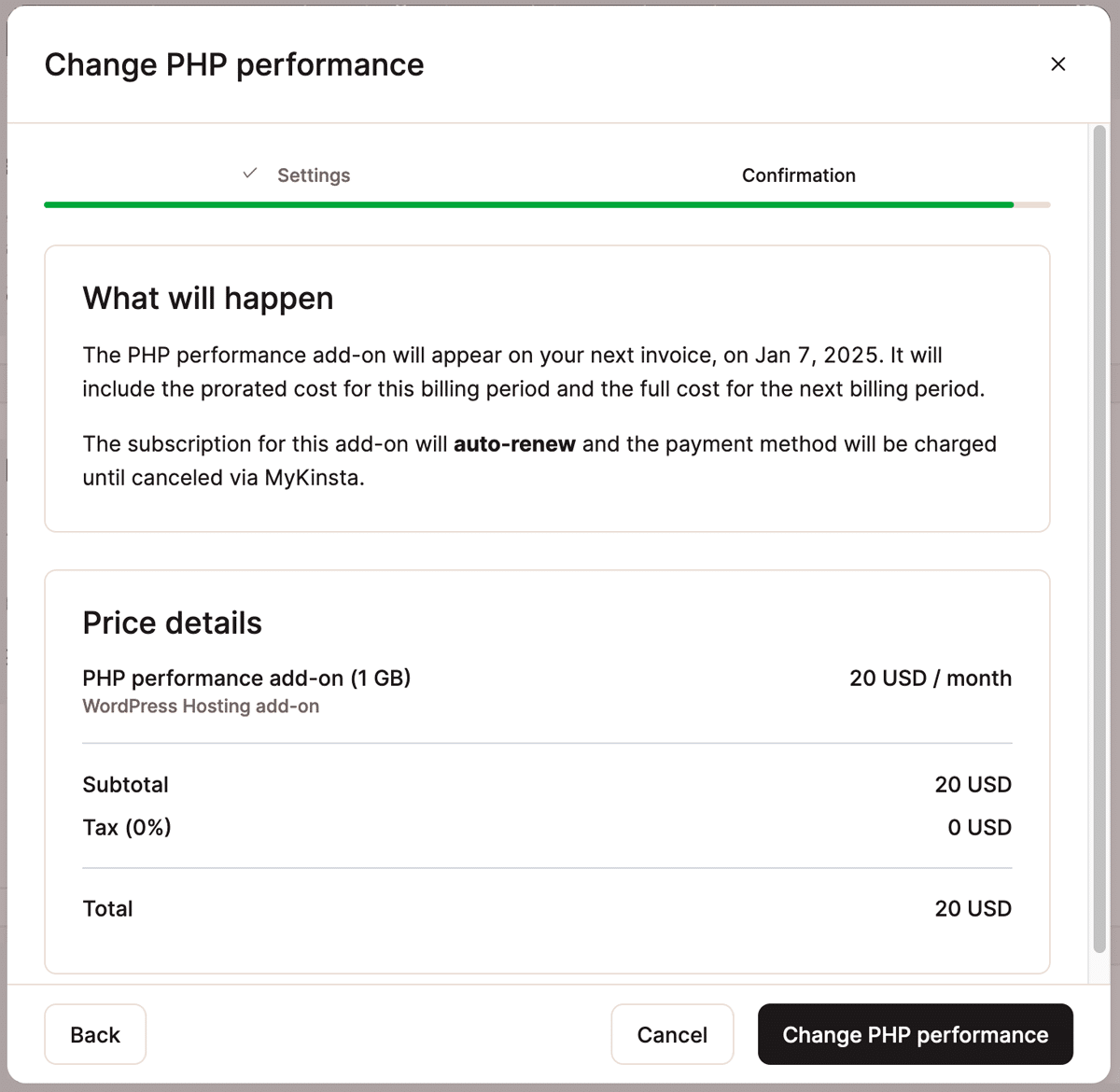 Screenshot showing the confirmation dialog for a PHP memory pool upgrade in MyKinsta.