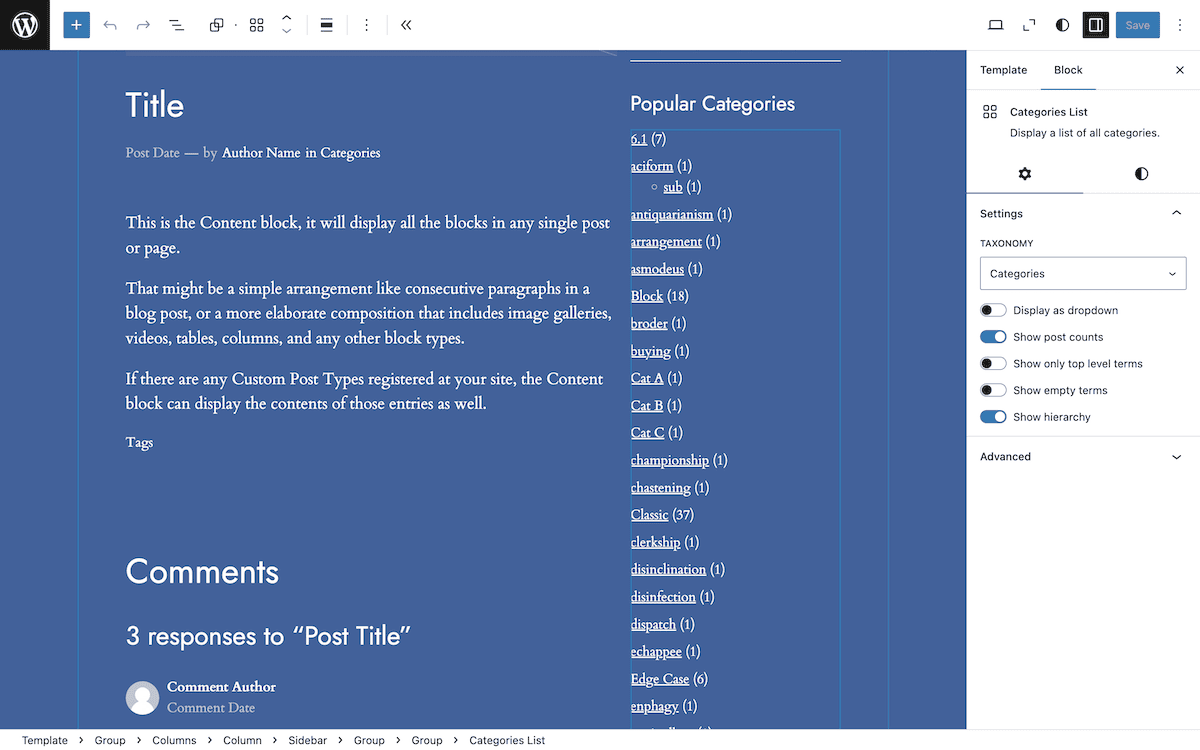 The WordPress Site Editor interface displaying a post template with a title section, author byline area, and content block explanation. On the right-hand side is a Popular Categories list showing various taxonomy terms with post counts in parentheses. The interface includes settings for displaying categories as a drop-down menu, showing post counts, and hierarchy options.