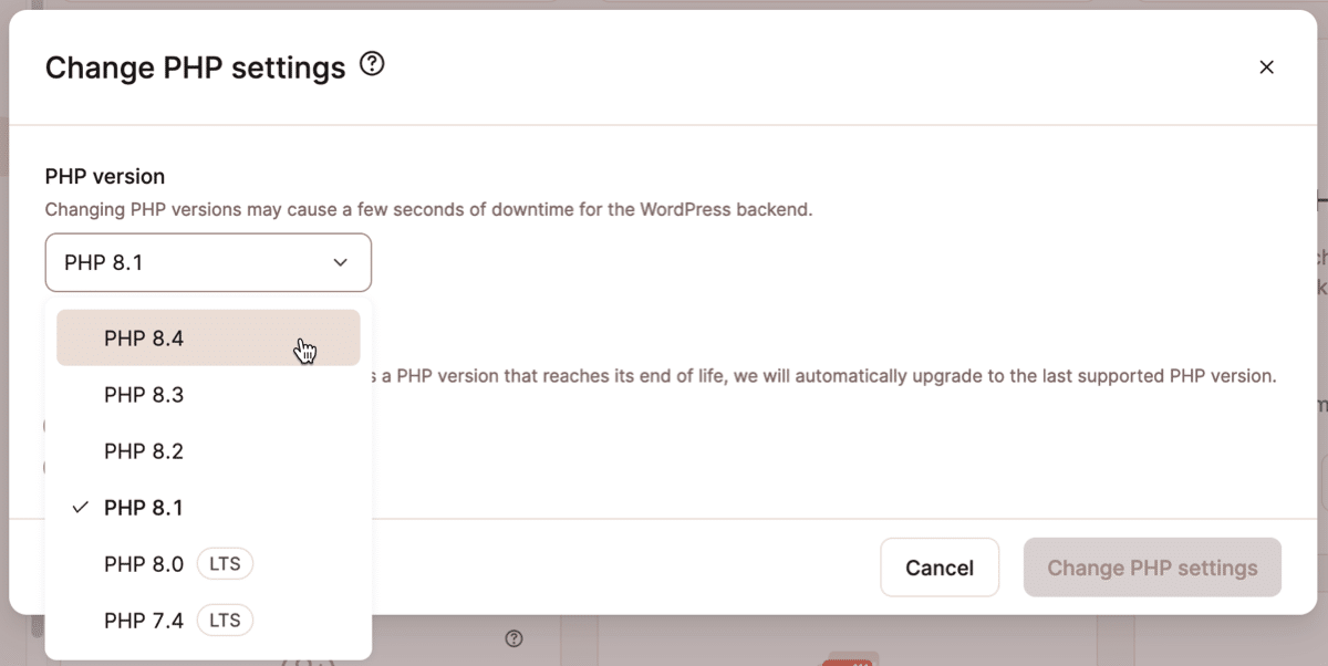 A screenshot showing the selection of PHP 8.4 during an update of PHP settings within the MyKinsta dashboard.