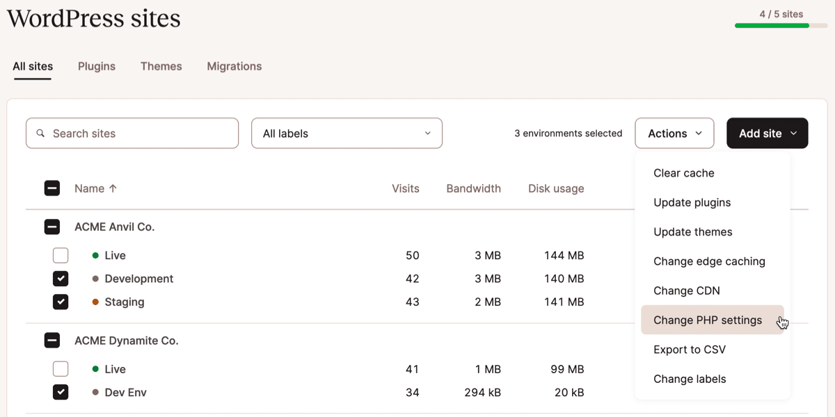 A screenshot showing bulk actions being performed on multiple WordPress environments within the MyKinsta dashboard.