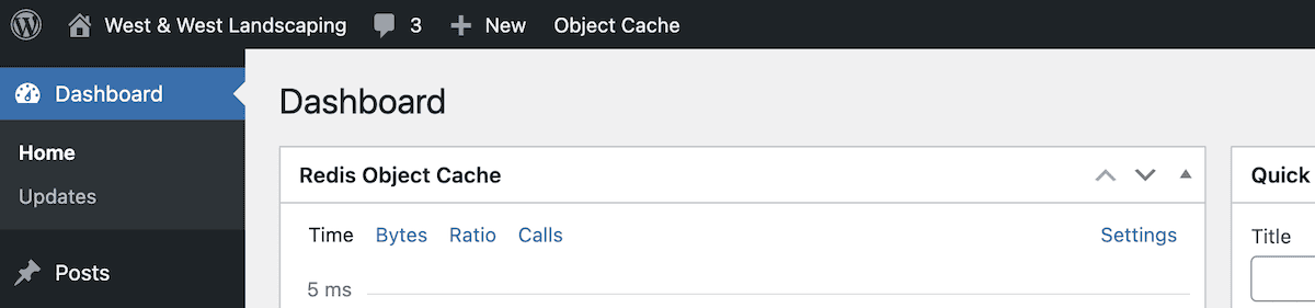 De header van het WordPress admin dashboard toont notificatie-indicatoren en een Object Cache label in de zwarte werkbalk. Daaronder is een Redis Object Cache widget te zien die de prestatiecijfers weergeeft, inclusief de kolommen Tijd, Bytes, Ratio en Oproepen, met een waarde van 5 ms zichtbaar