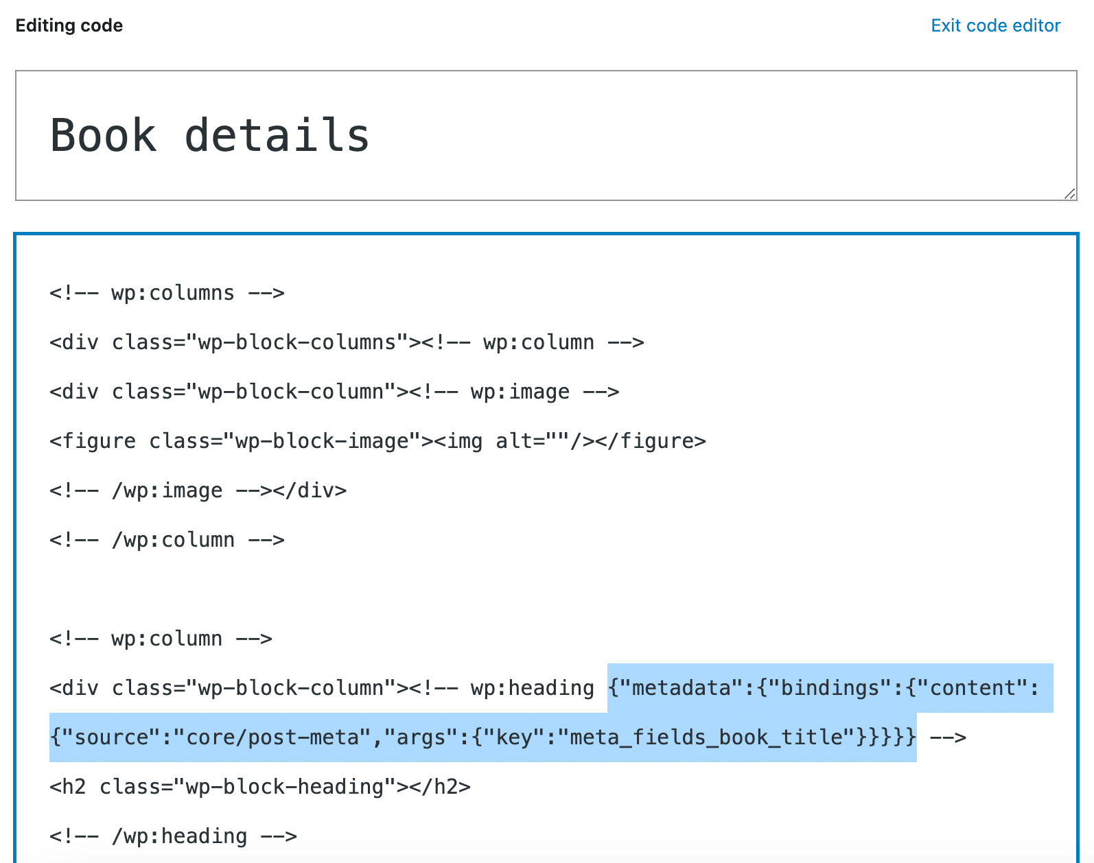 The block pattern in the Code editor