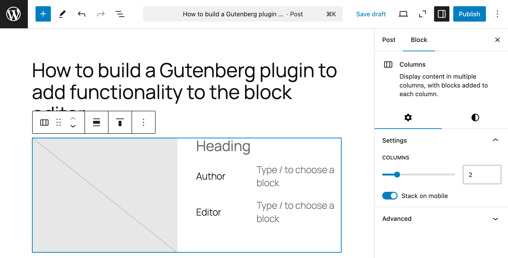 A Columns block with an image, a heading, and two rows