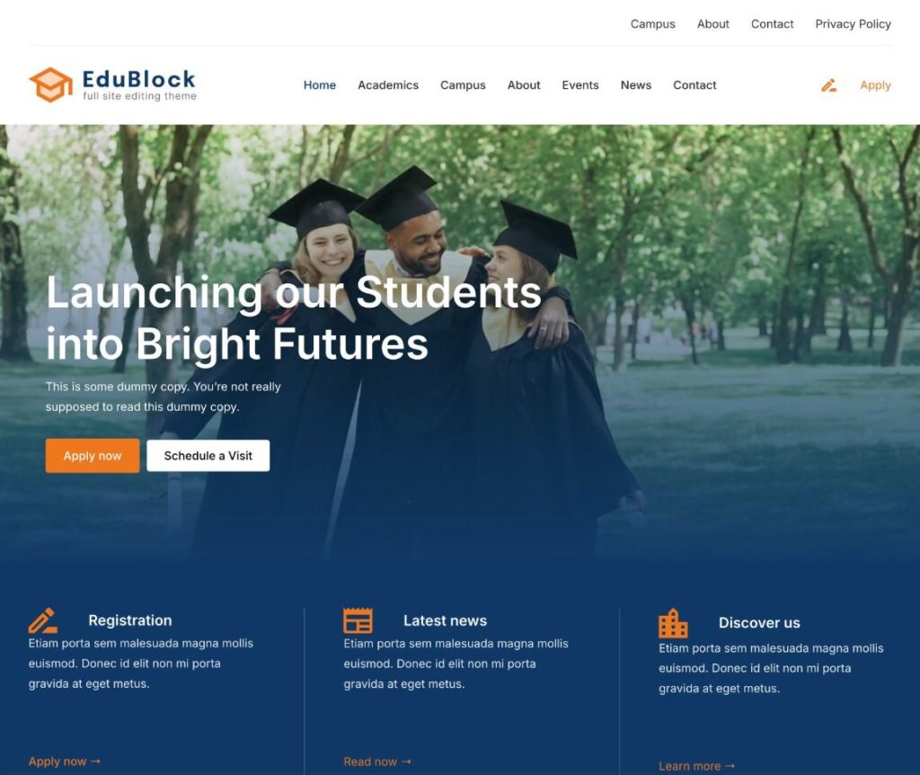 O site inicial do tema universitário EduBlock Pro.