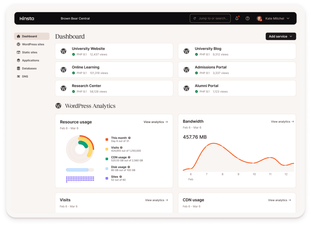 Education client dashboard at Kinsta using multisite