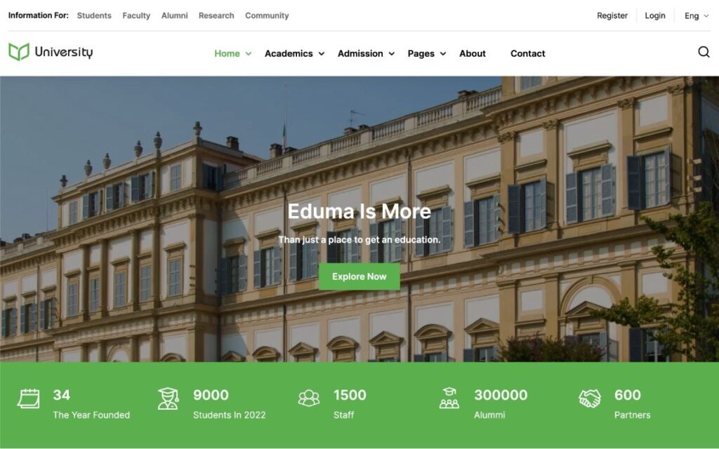 One of the university-focused starter sites in the Eduma theme