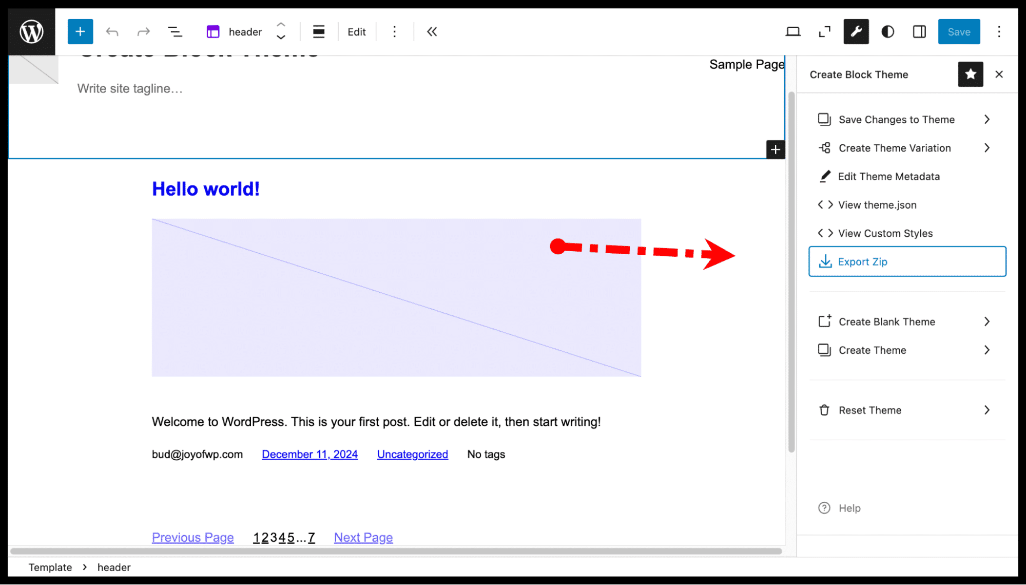 The plugin’s Export theme option