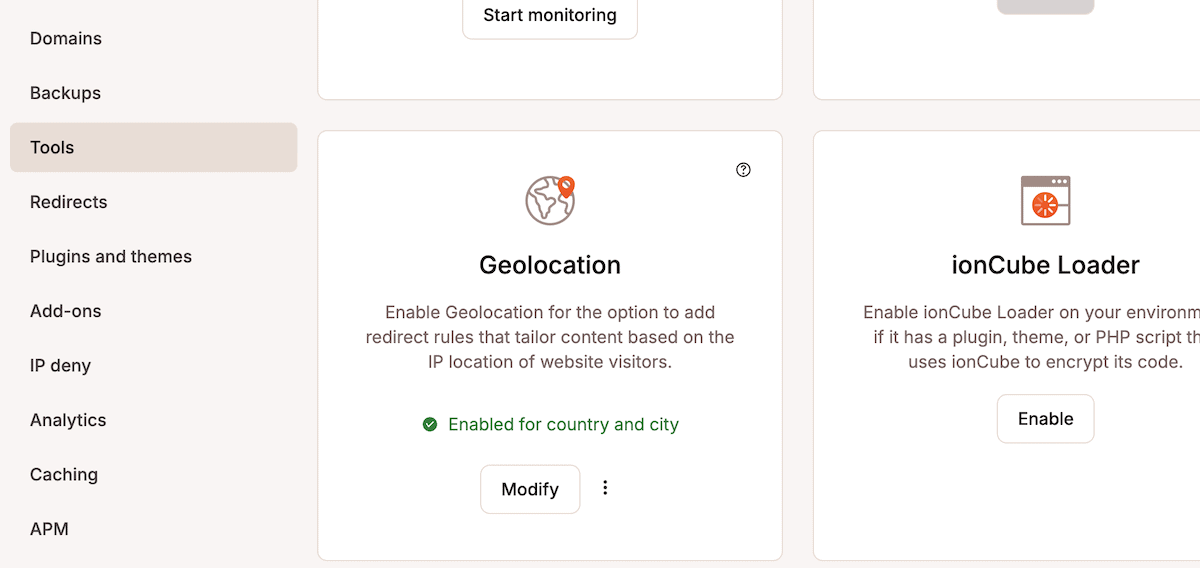 The MyKinsta dashboard Tool screen with a sidebar menu containing options such as Domains, Backups, Tools, and Analytics. The main content area shows a Geolocation feature card with a globe icon, explaining that it enables redirect rules based on visitors' IP locations. The status indicates it is 