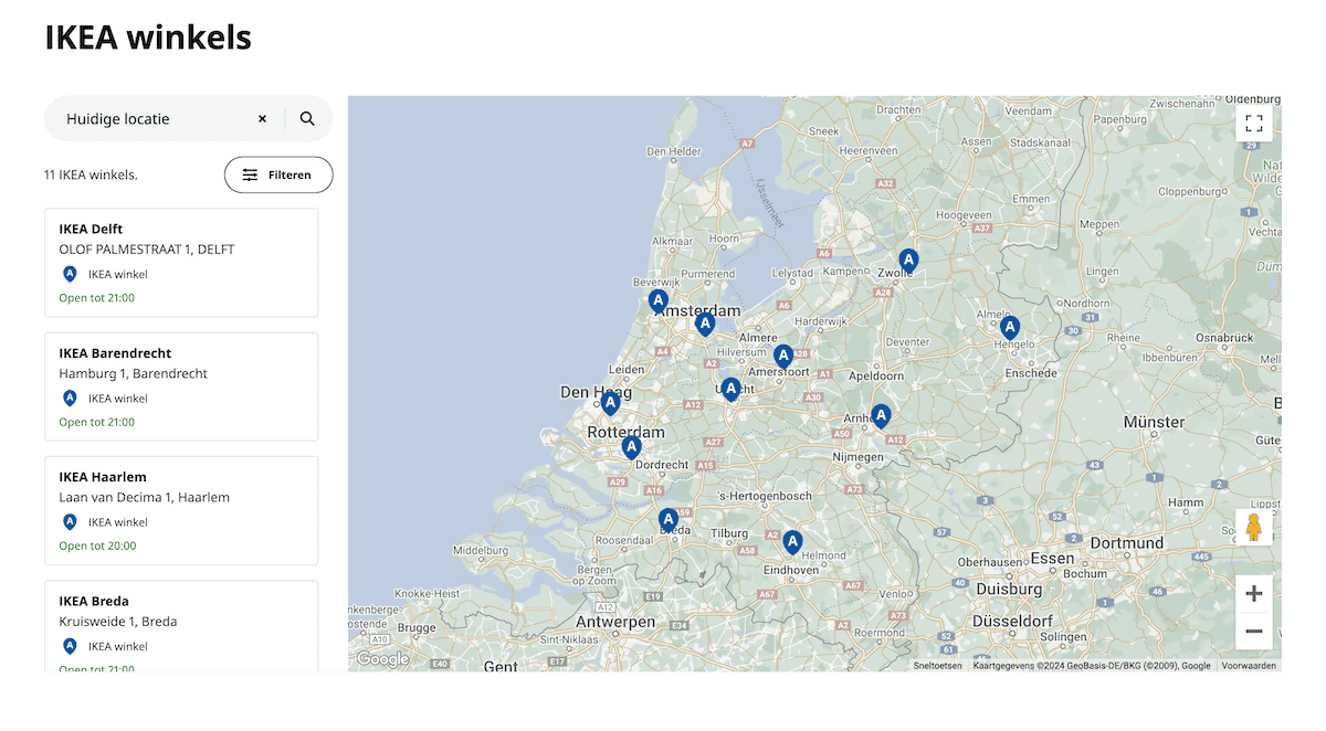 An IKEA Netherlands store locator displays a map of the western Netherlands with multiple store locations marked by blue pins. On the left-hand side, a list shows IKEA stores including Delft, Barendrecht, Haarlem, and Breda, with their addresses and opening hours. The base map is provided by Google Maps and includes geographical features such as the North Sea coastline and major highways.