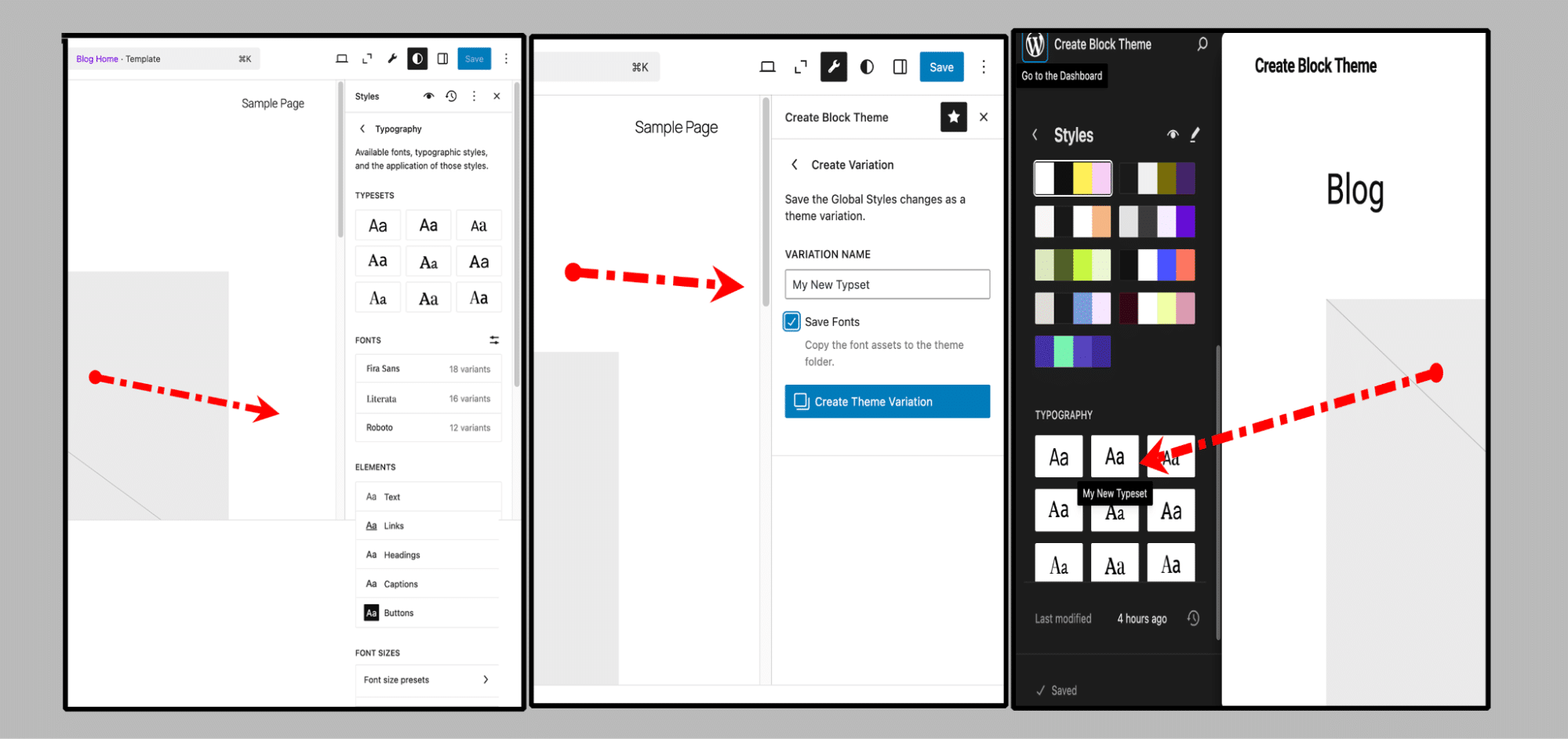 The creation, saving, and confirmation of a new typeset with the Roboto font