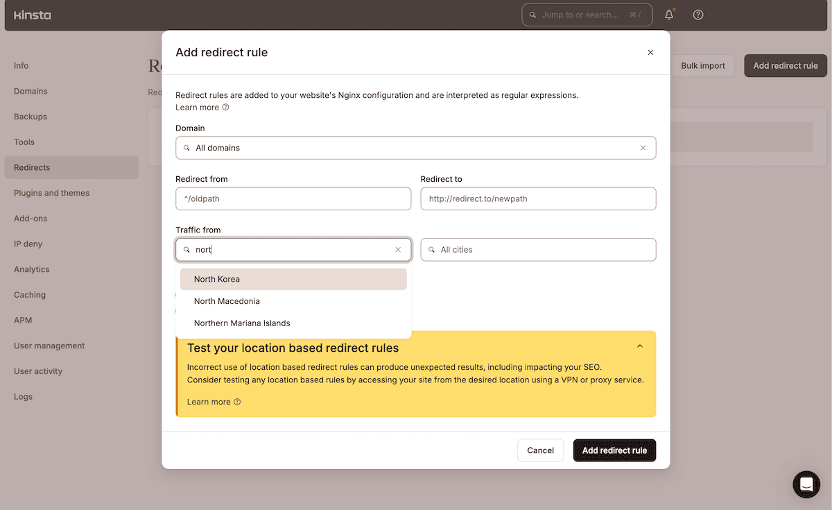 The MyKinsta redirect rule configuration modal window shows fields for setting up location-based redirects. The form includes drop-down menus for domain selection and location targeting, with input fields for specifying redirect paths.