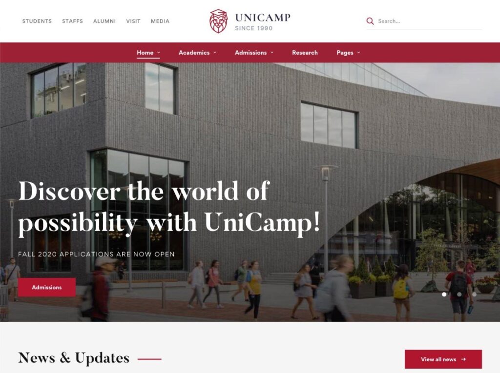 Um dos sites iniciais do tema educacional UniCamp.